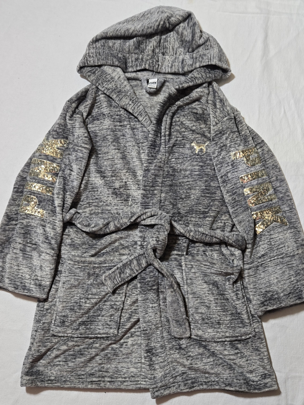 PINK Victoria's Secret Girls' Gray Hooded Robe with Gold Foil Logo